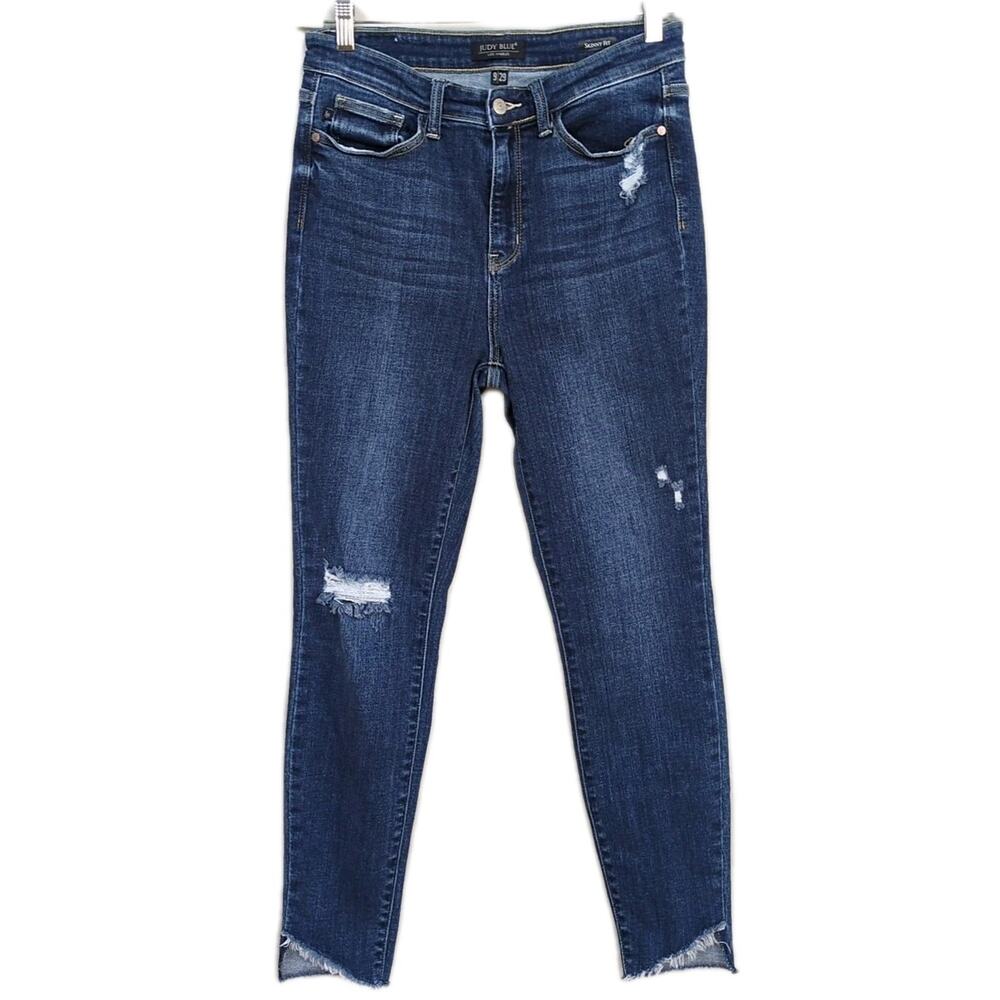 JUDY BLUE Skinny Fit Medium Wash Distressed Stretch Denim Slant Hem Women's 29